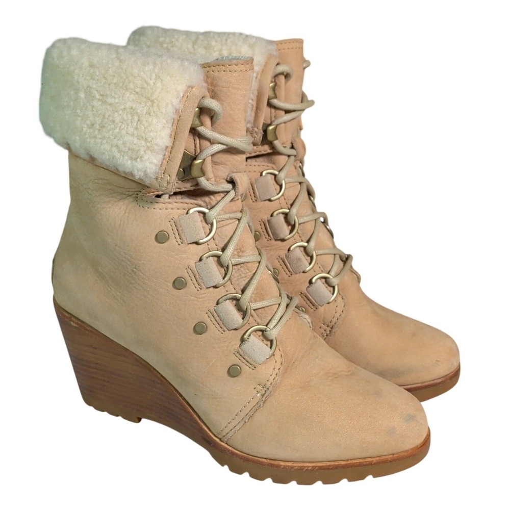 Sorel After Hours Shearling Boots Womens Size 8 Beige Wedge High Heel Winter